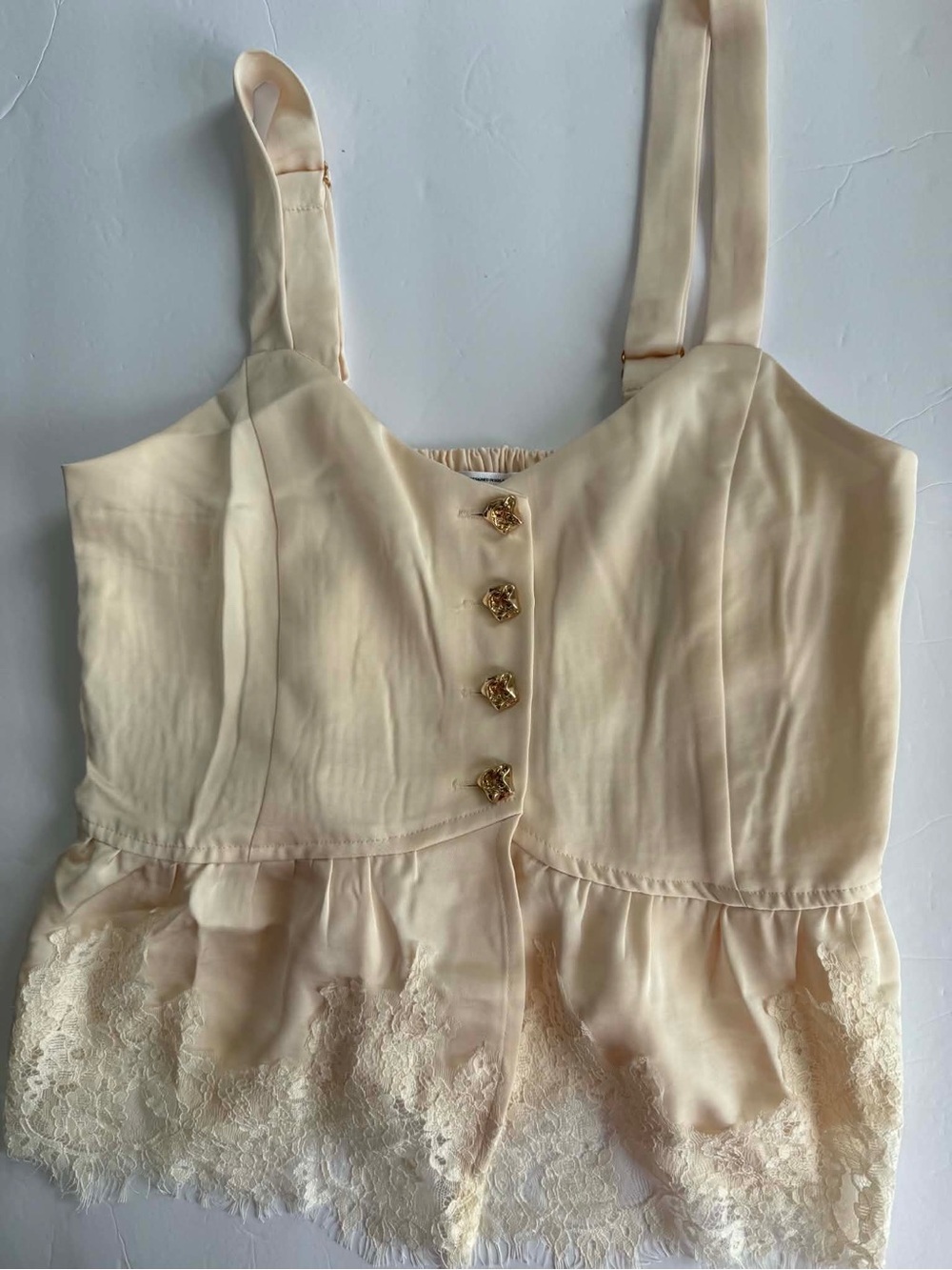 Peach Satin Lace Cami Top Gold Rose Buttons - Size S - NWT